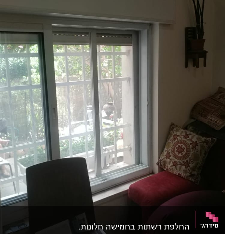 חלון אלומיניום עם מסגרת לבנה